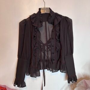 Ruffled Sheer Black Blouse with Button Front